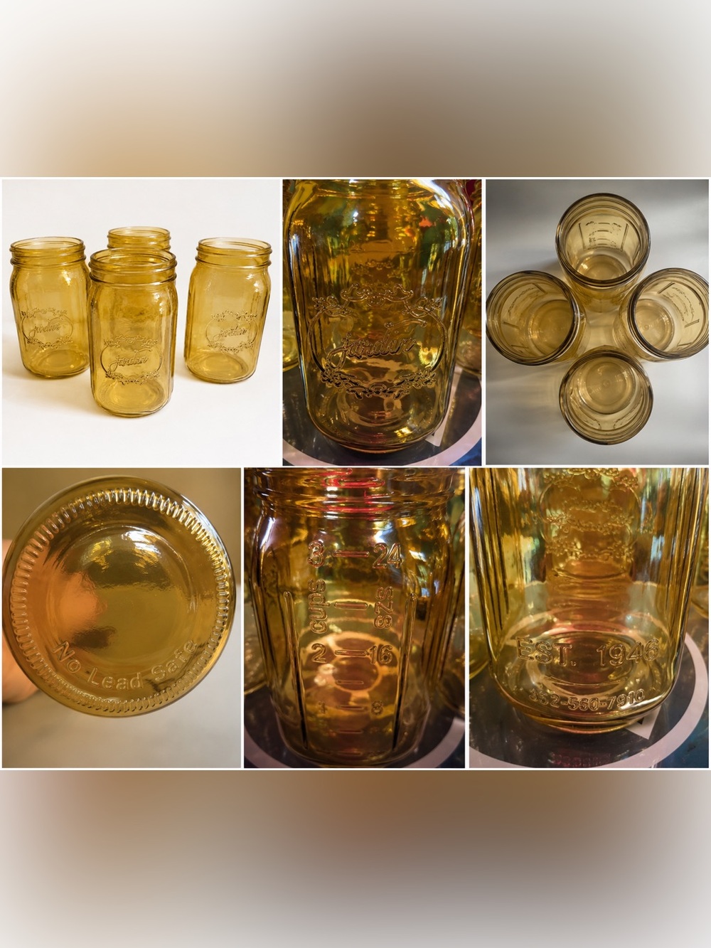 Vintage Jardin Amber Glass Mason Jars - Set of 4 (24 oz)